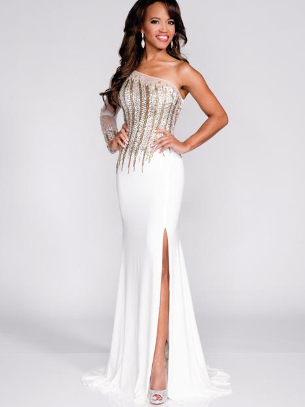 White One-Shoulder Evening Gown with Gold Sequin Bodice